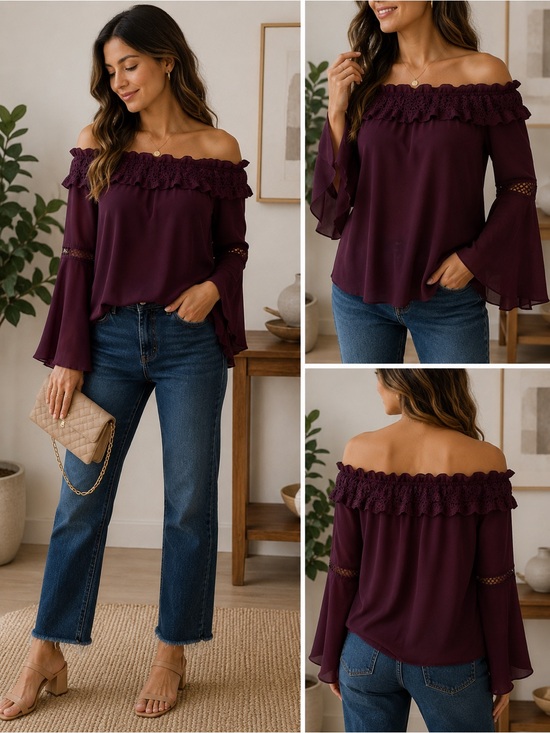 White House Black Market Tops - White House Black Market Cabernet Off- Shoulder Crochet Blouse-Size Large-NWT